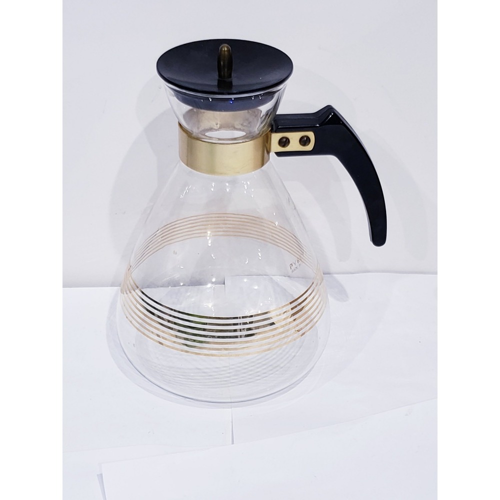 Vintage Mid Century Pyrex Glass Coffee Pot Carafe Gold Stripes